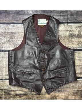 VTG 70s Gino Leathers Vest Jacket Mens Large Button Up Brown Lined
